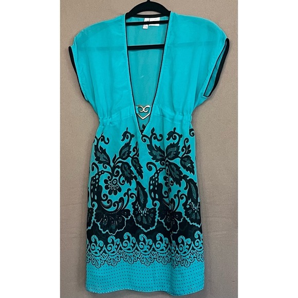 Becca by Rebecca Virtue Cover Up Dress Turquoise Black Metal Heart Floral XS - S - Picture 1 of 8